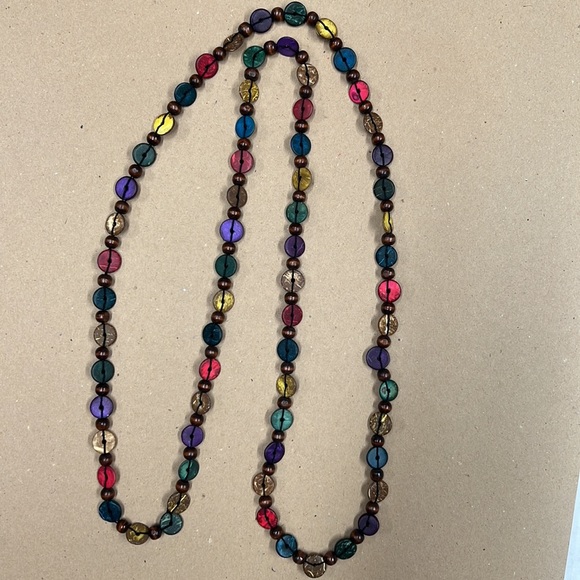 Wooden Beads Buttons Chain Necklace Multiple Bright Colors Hand Made NWOT - Picture 2 of 10